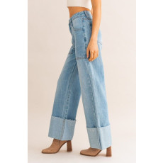 High-Waisted Wide Leg Cuffed Jeans