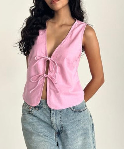 Women Strappy Tank Tops Double Front Tie Closure V-Neck